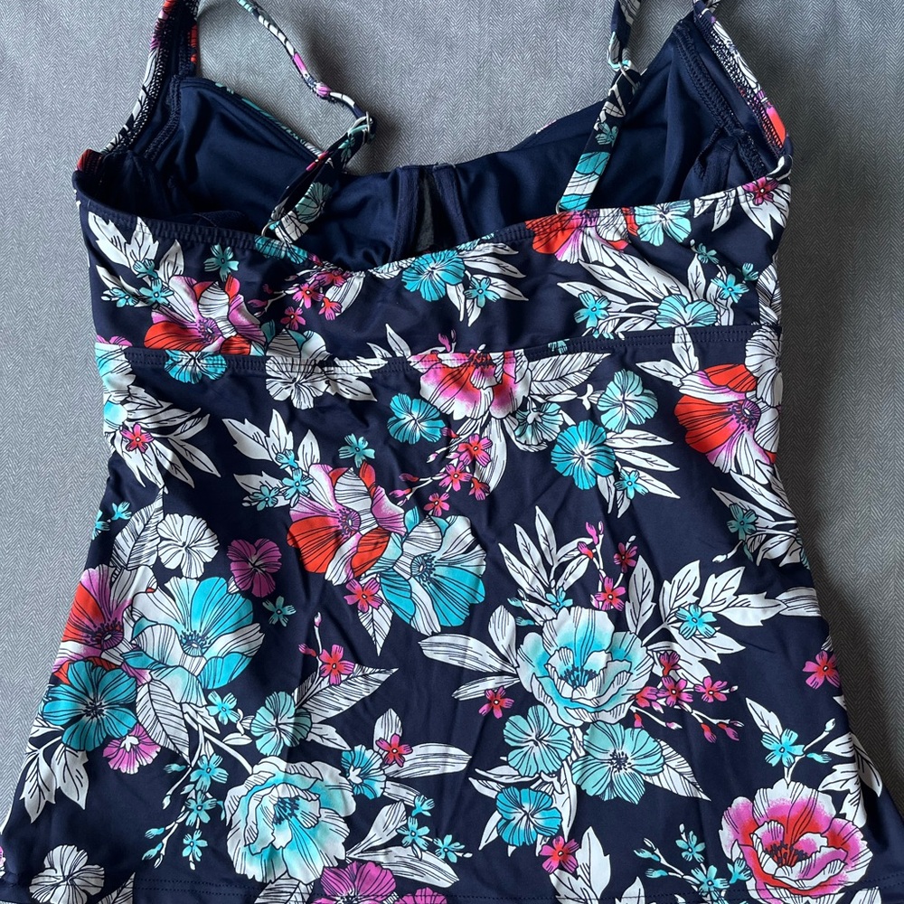 Lands' End Navy Floral Swim Tankini with Aqua, Pink & Red Flowers - Picture 2 of 4